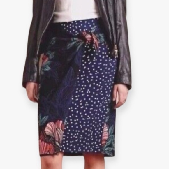 Maeve Anthropologie Faux Wrap Petal Pop Pencil Skirt Stretch Navy Pink Size 8 - Picture 1 of 11